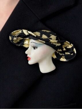 Vintage Lady Head Brooch Large Hat Satin Metallic Glam Face Pin Black Gold Retro
